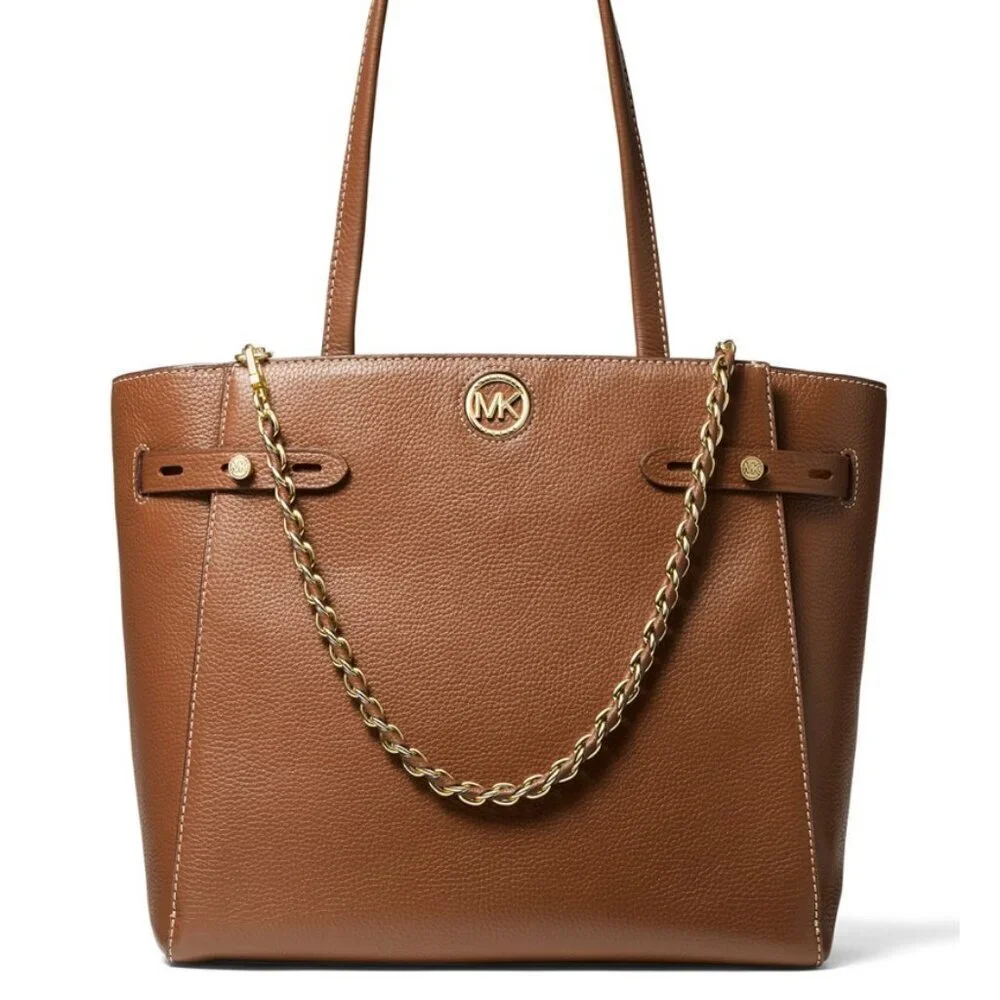 MICHAEL KORS CARMEN LARGE TOTE PEBBLE LEATHER CHESTNUT GOLD VERSATILE CARRY ALL